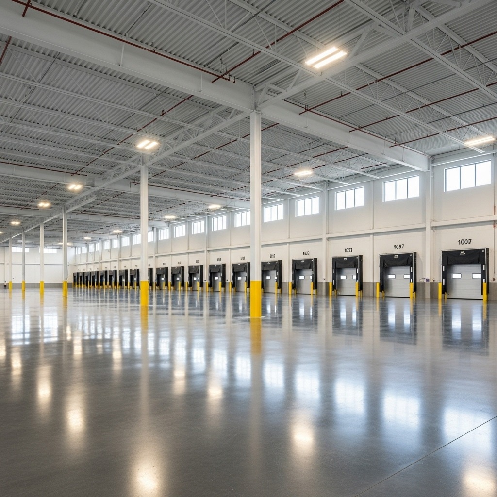 Bodega industrial moderna con rampas logísticas y piso pulido, Esconfiable México